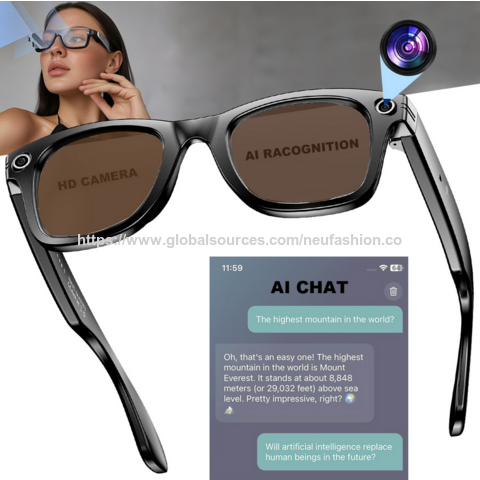 Intelligente KI-Brille mit Übersetzung, 1080P HD-Kamera, IP65, Bluetooth 5.0, Freisprechanrufe, Lokale Musik, Dual-Button-Steuerung