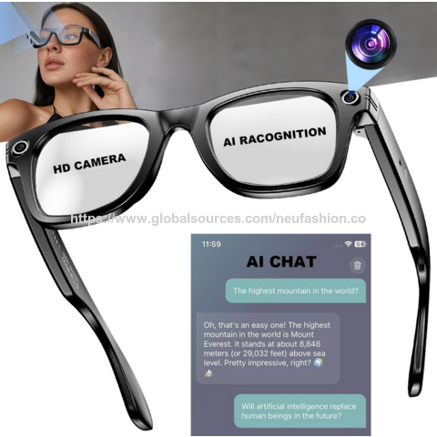 Intelligente KI-Brille mit Übersetzung, 1080P HD-Kamera, IP65, Bluetooth 5.0, Freisprechanrufe, Lokale Musik, Dual-Button-Steuerung