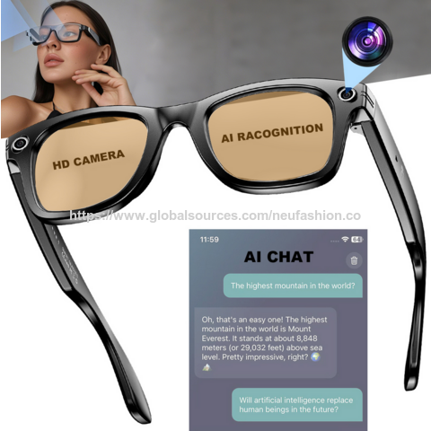 Intelligente KI-Brille mit Übersetzung, 1080P HD-Kamera, IP65, Bluetooth 5.0, Freisprechanrufe, Lokale Musik, Dual-Button-Steuerung