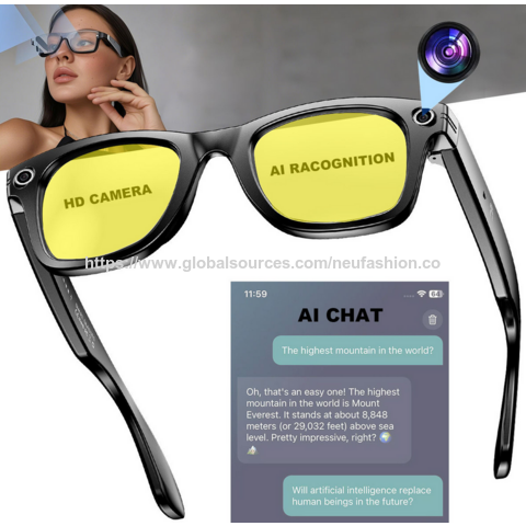 Intelligente KI-Brille mit Übersetzung, 1080P HD-Kamera, IP65, Bluetooth 5.0, Freisprechanrufe, Lokale Musik, Dual-Button-Steuerung