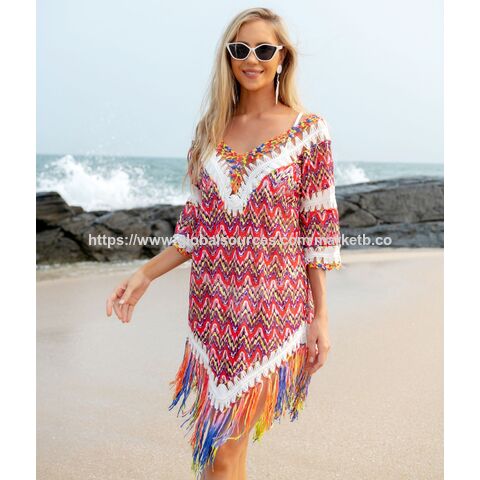 Compre Vestido Playero Bohemio De Ganchillo Con Encaje Y Flecos