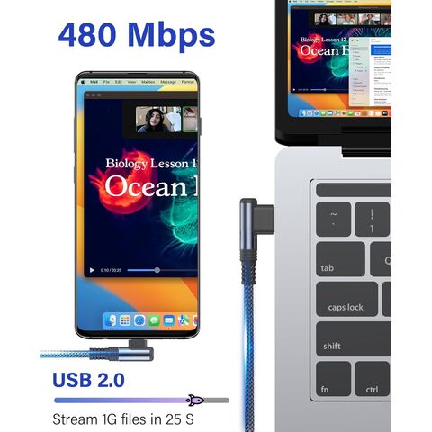 Cable USB a Tipo C de 90 Grados con Carga Rápida, Cable de Carga Duradero USB A a Tipo C PD con Trenzado de Nylon