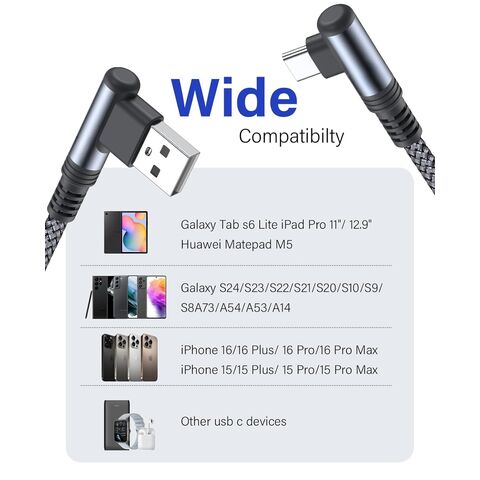 Cable USB a Tipo C de 90 Grados con Carga Rápida, Cable de Carga Duradero USB A a Tipo C PD con Trenzado de Nylon