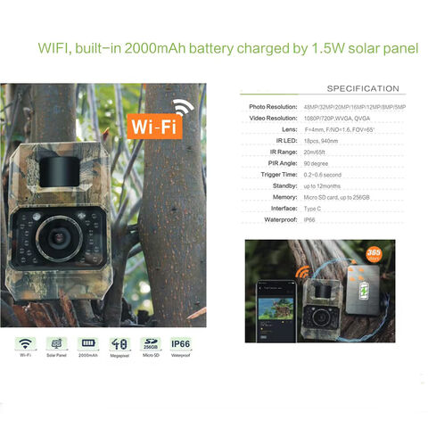 Cámara de Caza 1080P Wifi con Batería de 2000mAh Incorporada y Panel Solar - Ideal para Vigilancia de Fauna