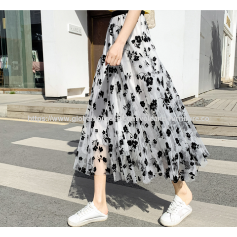 Compre Falda Midi De Malla De Doble Capa Con Diseño De Flores 3d