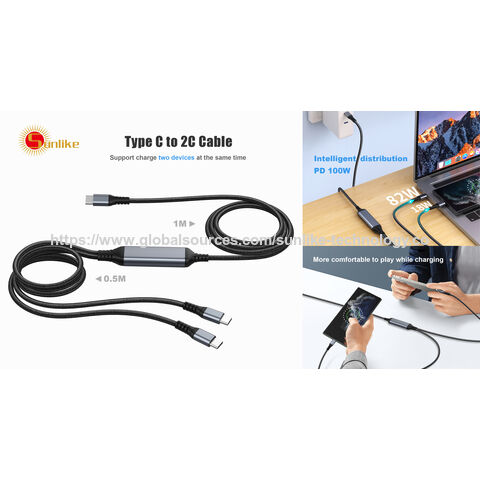 ODM OEM, Sunlike Type C to 2C cable,PD 100W fast charging, Intelligent distribution, 70W + 30W, mobile phone charging