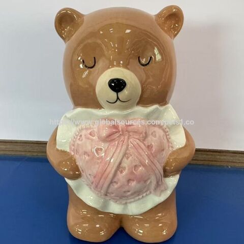 Estátua de Urso de Cerâmica Ornamento Figurine Urso Ornamento de Casa Mealheiro Banco de Moedas Caixa de Dinheiro para Decoração de Quarto Presente de Aniversário (Rosa)