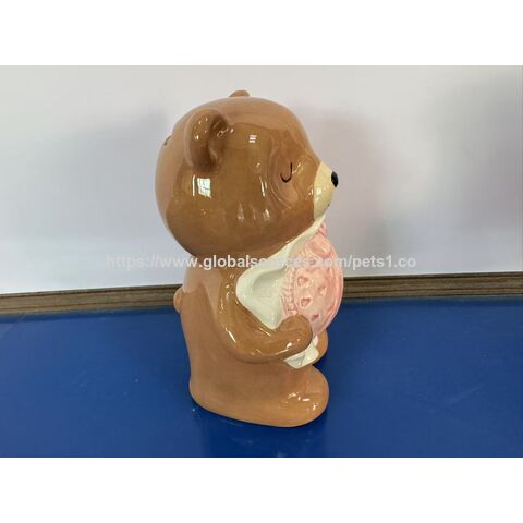 Estátua de Urso de Cerâmica Ornamento Figurine Urso Ornamento de Casa Mealheiro Banco de Moedas Caixa de Dinheiro para Decoração de Quarto Presente de Aniversário (Rosa)