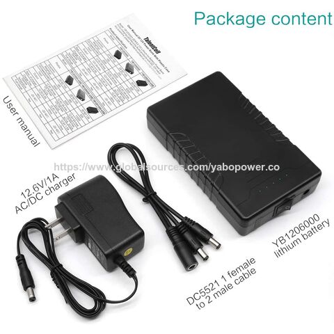 YABO Batería Recargable de Iones de Litio 12V 6000mAh para Luces LED, Cámaras de Seguridad y Dispositivos Alimentados por CC