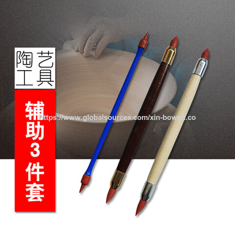 Xin Bowen Juego de 3 Lápices de Silicona, Plástico y Madera para Escultura de Arcilla y Cerámica, con Doble Punta para Limpiar Huellas Dactilares, Herramientas de Cerámica