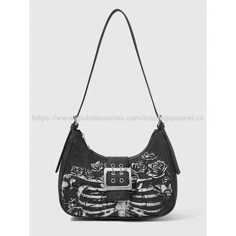 Sac à main bandoulière unique en forme de lune avec graffiti de roses, petit sac à main rétro pour femmes