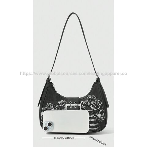 Sac à main bandoulière unique en forme de lune avec graffiti de roses, petit sac à main rétro pour femmes