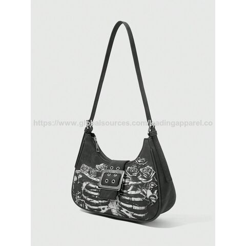 Sac à main bandoulière unique en forme de lune avec graffiti de roses, petit sac à main rétro pour femmes
