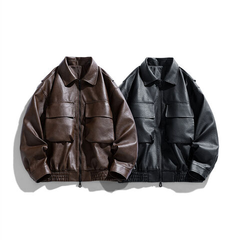 Casaco casual masculino de couro PU personalizado com gola de aba e bolsos grandes - Ideal para atacadistas