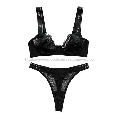Ensemble de lingerie string en dentelle fine avec bretelles à lettres surdimensionnées pour soutien-gorge push-up sexy pour femmes