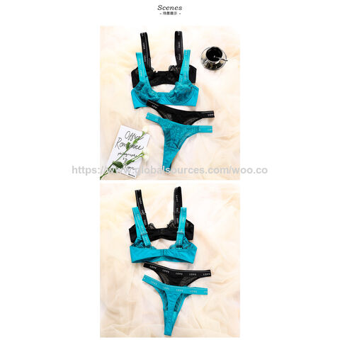 Ensemble de lingerie string en dentelle fine avec bretelles à lettres surdimensionnées pour soutien-gorge push-up sexy pour femmes
