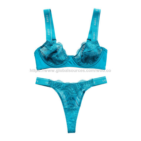 Ensemble de lingerie string en dentelle fine avec bretelles à lettres surdimensionnées pour soutien-gorge push-up sexy pour femmes