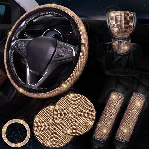 Fundas para volante de coche con diamantes, fundas brillantes para cinturón de seguridad de agua, posavasos para coche