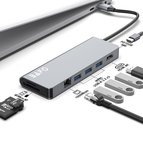 محطة إرساء USB-C 8 في 1 مع 3 منافذ USB-A 3.2 بسرعة 5 جيجابت في الثانية، HDMI 4K، RJ45 Gigabit، PD 100W، قارئ بطاقات SD/TF للكمبيوتر المحمول/الكمبيوتر الشخصي - محطة إرساء USB-C للشركات