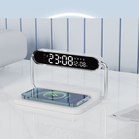 Cargador Inalámbrico Rápido 4 en 1 con Luces Nocturnas Coloridas, Altavoz Bluetooth y Alarma de Reloj - Carga Rápida Qi para Dispositivos Móviles