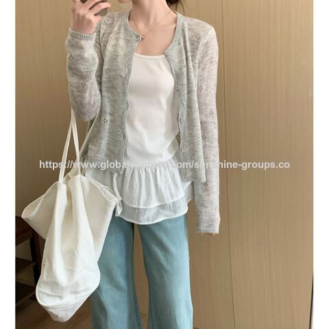 Cárdigan de punto para mujer, nuevo estilo coreano, top de primavera/verano con bolsillos, color blanco - Venta al por mayor