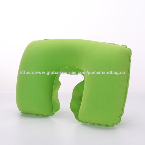 Almohada de viaje inflable en forma de U de terciopelo directo de fábrica, almohadas de viaje inflables cómodas con flocado, almohada cervical de viaje