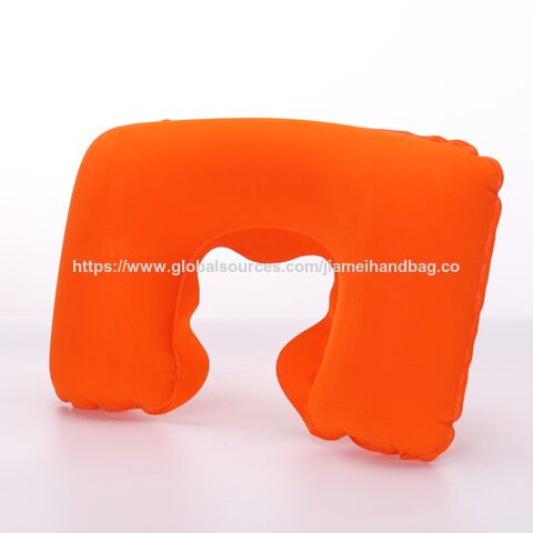 Almohada de viaje inflable en forma de U de terciopelo directo de fábrica, almohadas de viaje inflables cómodas con flocado, almohada cervical de viaje