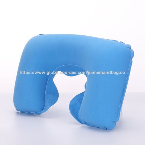 Almohada de viaje inflable en forma de U de terciopelo directo de fábrica, almohadas de viaje inflables cómodas con flocado, almohada cervical de viaje