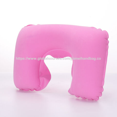 Almohada de viaje inflable en forma de U de terciopelo directo de fábrica, almohadas de viaje inflables cómodas con flocado, almohada cervical de viaje