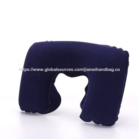 Almohada de viaje inflable en forma de U de terciopelo directo de fábrica, almohadas de viaje inflables cómodas con flocado, almohada cervical de viaje