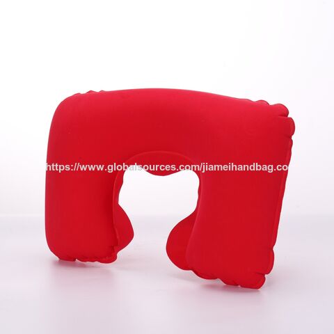 Almohada de viaje inflable en forma de U de terciopelo directo de fábrica, almohadas de viaje inflables cómodas con flocado, almohada cervical de viaje