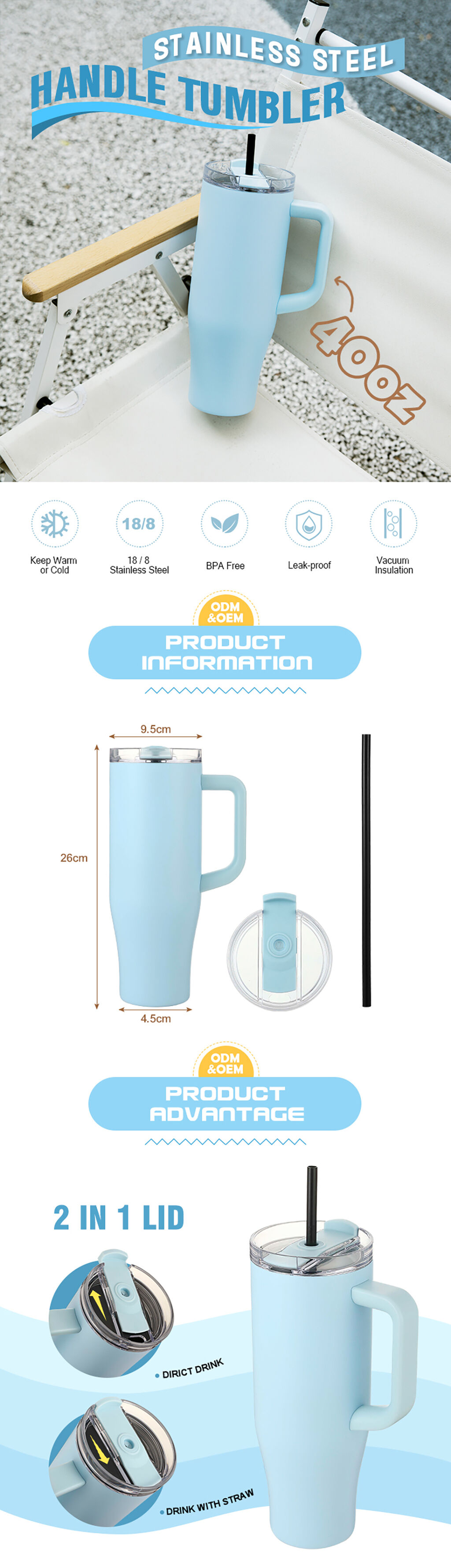 Everich 40oz Wide Mouth Stainless Steel Water Tumbler With Flexible ...