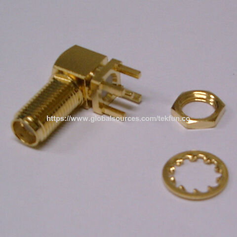 SMA-Buchse für Leiterplattenmontage, R/A-Stecker, Lötanschluss SMT SMD, rechtwinklige Bauform, Durchgangsbohrung 50 Ohm, weiblicher SMA-4-Pin-Leiterplattenstecker