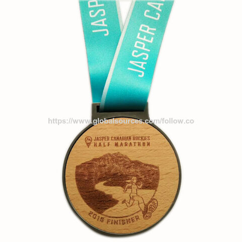 Médaille de Métal Semi-Marathon avec Autocollant en Bois de Hêtre pour Finisseurs Canadiens de Jasper