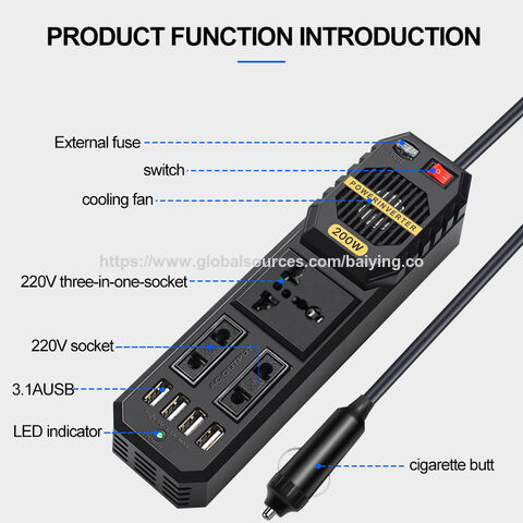 PROMO ! Onduleur de voiture BYGD 150W, DC 12V/24V vers AC 220V, Prise universelle, 4*USB pour chargement mobile et ordinateur, OEM, ODM