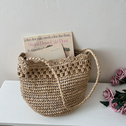 Sac Bandoulière en Raphia Français - Sac à Main en Paille Tressée avec Garniture en Dentelle, Sac de Plage Bohème pour Femmes