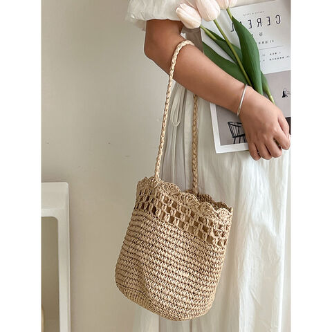 Sac Bandoulière en Raphia Français - Sac à Main en Paille Tressée avec Garniture en Dentelle, Sac de Plage Bohème pour Femmes