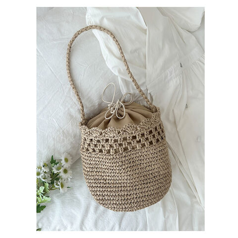 Sac Bandoulière en Raphia Français - Sac à Main en Paille Tressée avec Garniture en Dentelle, Sac de Plage Bohème pour Femmes
