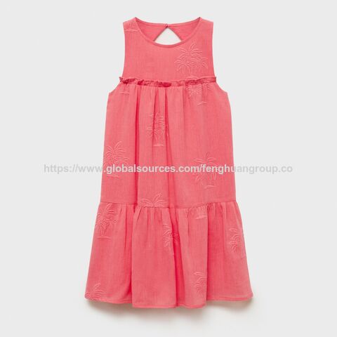 Vestido de lino para niña con volantes y cuello redondo - Venta al por mayor de vestidos infantiles de lino