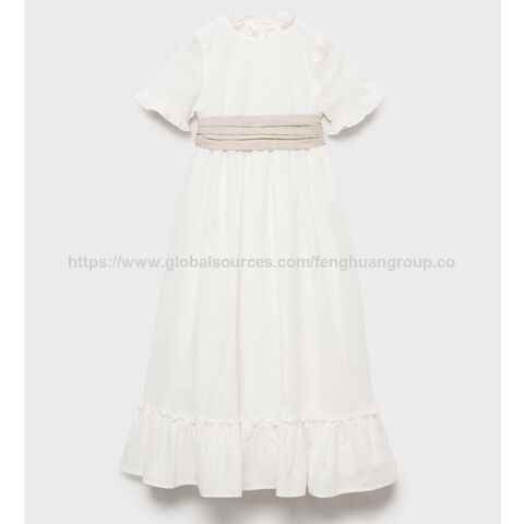 Vestido de lino para niña con volantes y cuello redondo - Venta al por mayor de vestidos infantiles de lino