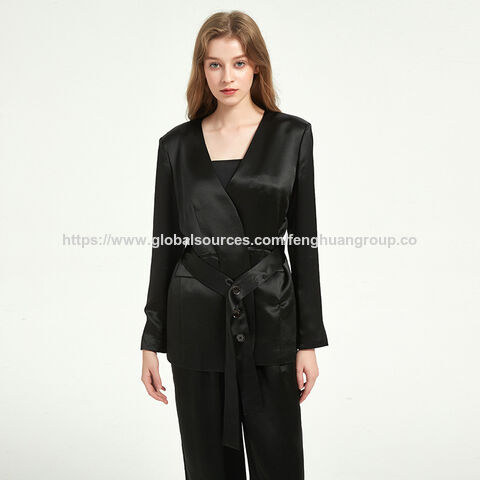 Blazer Femme Noir Col en V Acétate Satin Costume Chemisier et ensemble pantalon