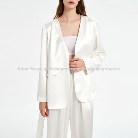 Blazer Femme Noir Col en V Acétate Satin Costume Chemisier et ensemble pantalon