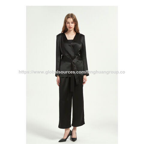 Blazer Femme Noir Col en V Acétate Satin Costume Chemisier et ensemble pantalon