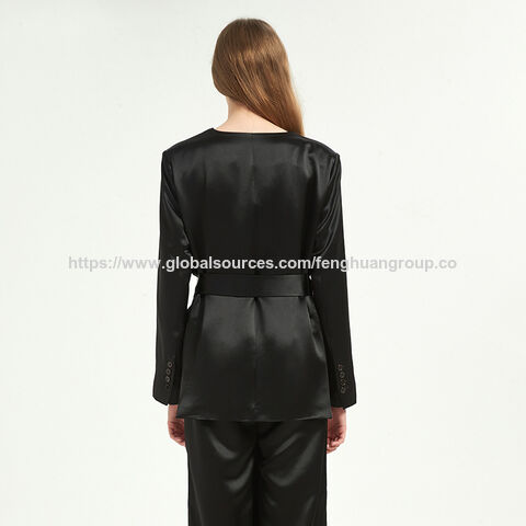 Blazer Femme Noir Col en V Acétate Satin Costume Chemisier et ensemble pantalon