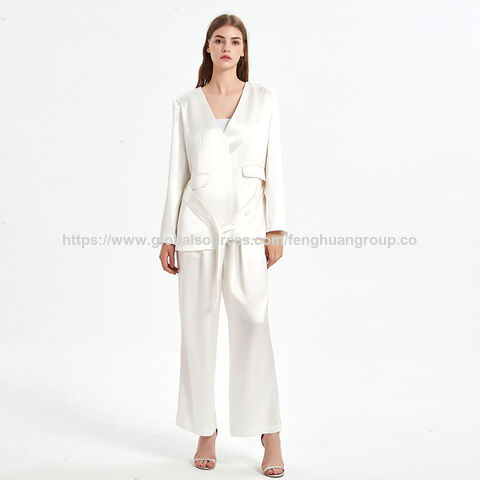 Blazer Femme Noir Col en V Acétate Satin Costume Chemisier et ensemble pantalon