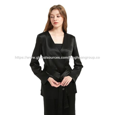 Blazer Femme Noir Col en V Acétate Satin Costume Chemisier et ensemble pantalon