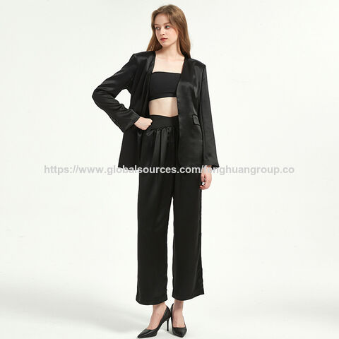 Blazer Femme Noir Col en V Acétate Satin Costume Chemisier et ensemble pantalon