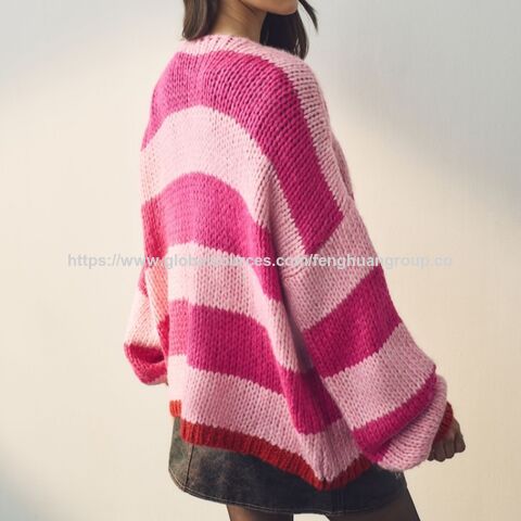 Rosa gestreifte, weiche, flauschige Strickjacke - Damen Strickjacken Großhandel Hersteller