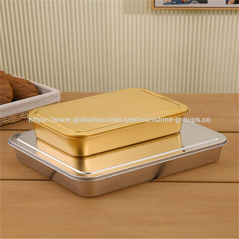 Placa cuadrada de acero inoxidable 304, placa plana, caja rectangular con tapa, bandeja para tiramisú, bandeja para hornear pasteles.