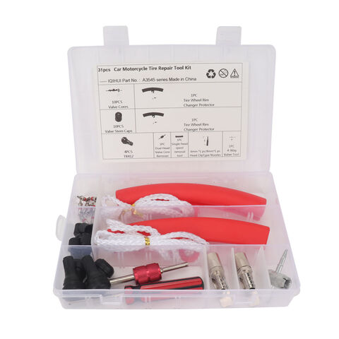 Kit d'outils de réparation de pneus pour motos et voitures, 31 pièces, avec housse de protection rouge